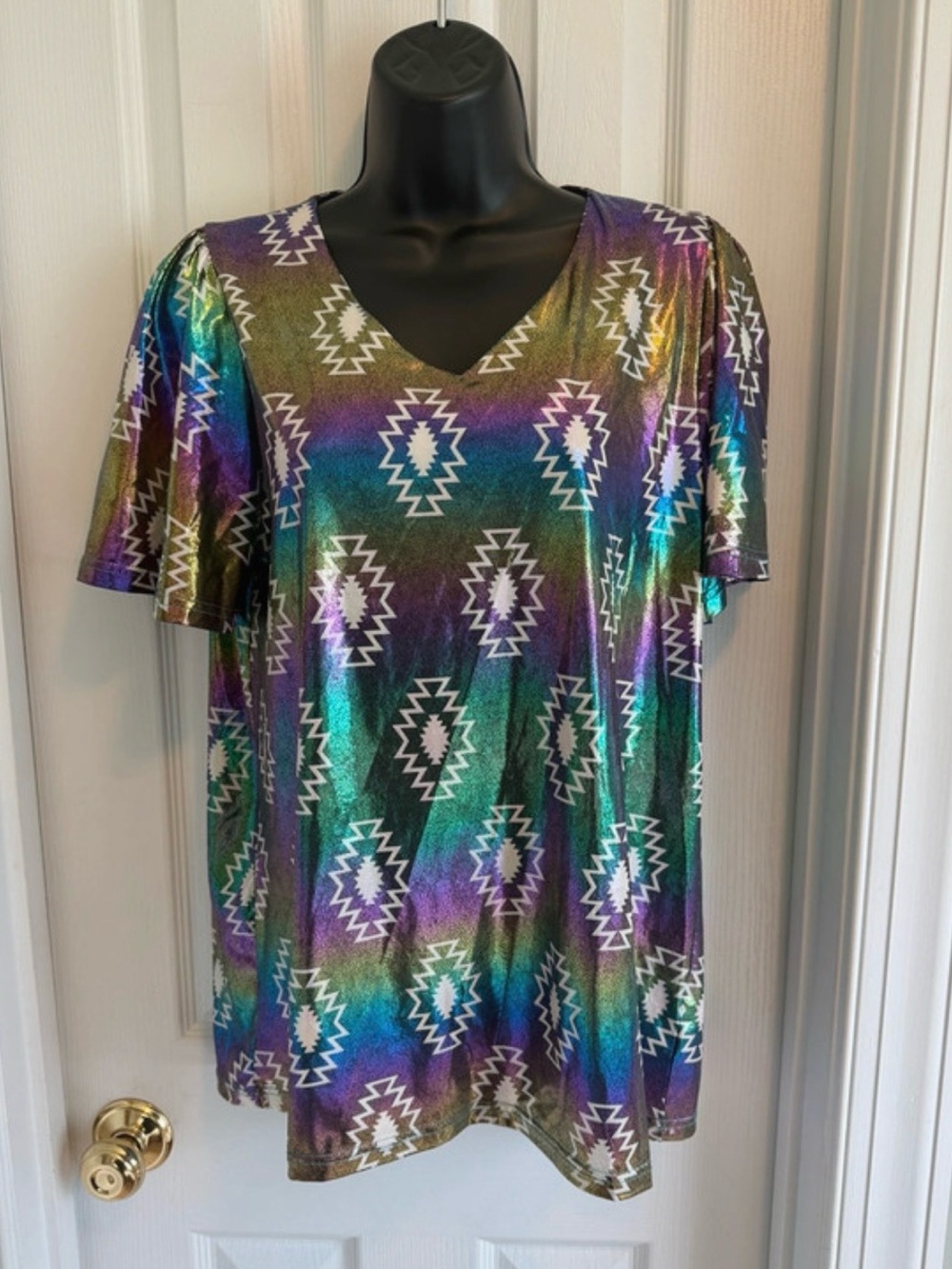 Rowdy Crowd Metallic Multi-Color Aztec V-Neck Women’s Top